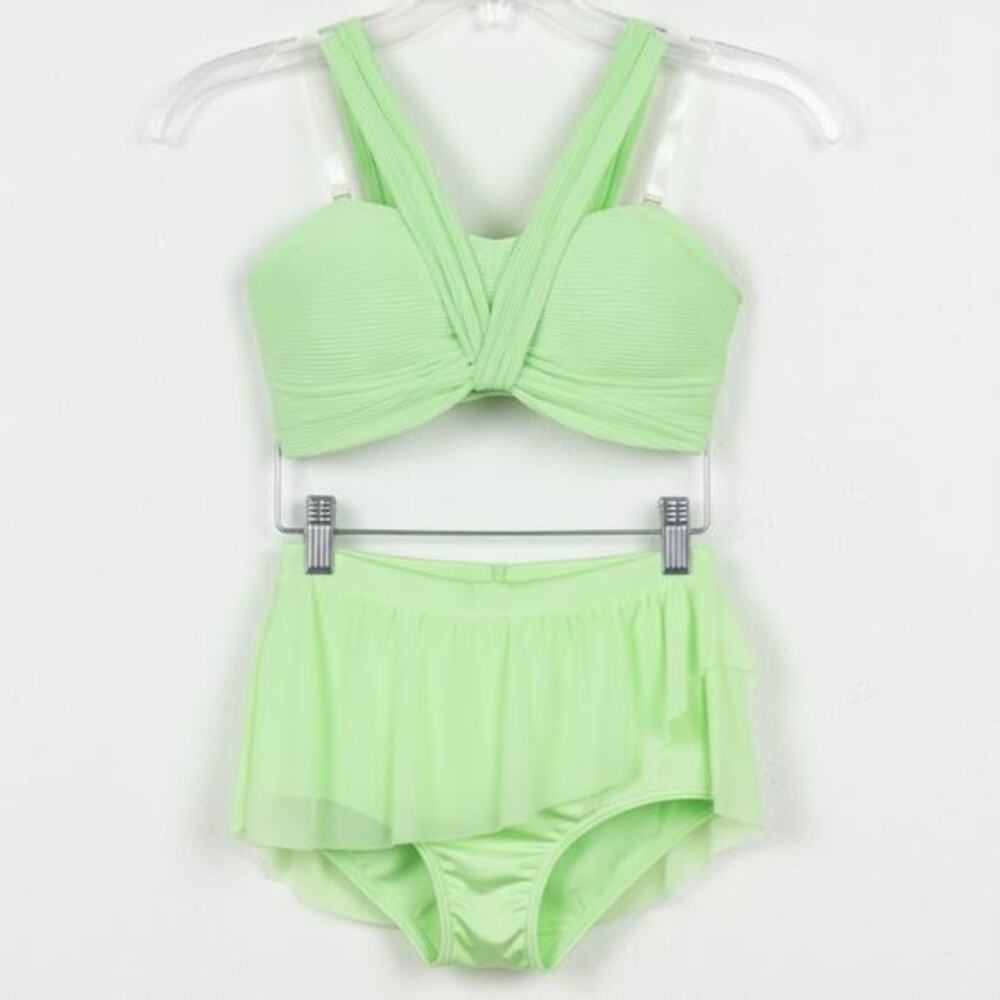 Double Platinum SET Lime Green Ribbed Knot Halter Dance top and Skirted brief AM